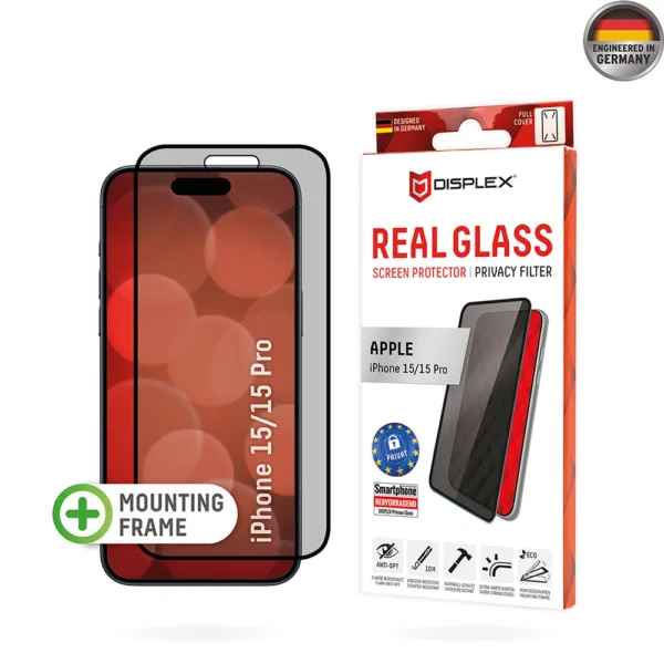 Displex - Premium Real Glass Privacy Full Cover - iPhone 15 / iPhone 15 Pro - Black