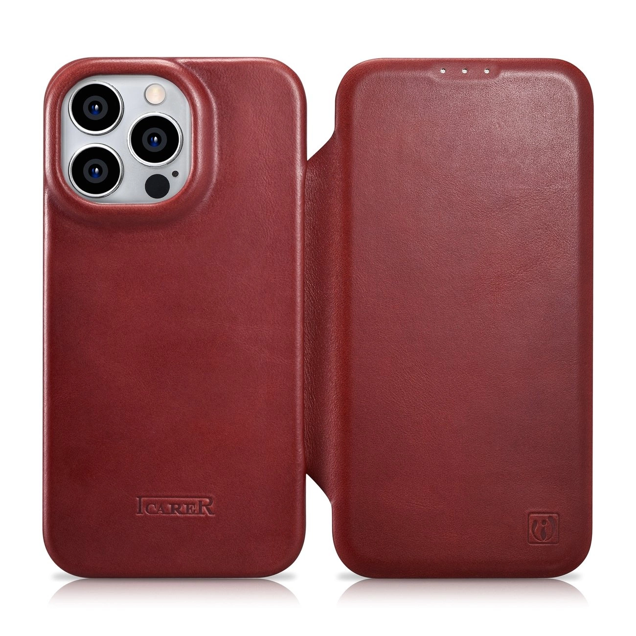 iCarer CE Oil Wax Premium Leather Folio Case Leather Case iPhone 14 Pro Magnetic Flip MagSafe Red (AKI14220706-RD)