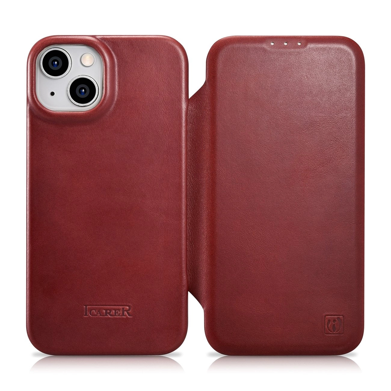 iCarer CE Oil Wax Premium Leather Folio Case iPhone 14 Plus Magnetic Flip Leather Folio Case MagSafe Red (AKI14220707-RD)