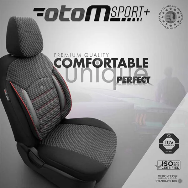 Καλύμματα Αυτοκινήτου Otom Sport Plus Design Universal Βαμβακερό Ύφασμα / Rachel / Δερματίνη Σετ Εμπρός / Πίσω Μαύρο Με Κόκκινο Κέντημα SPTPLS-102 11 Τεμάχια