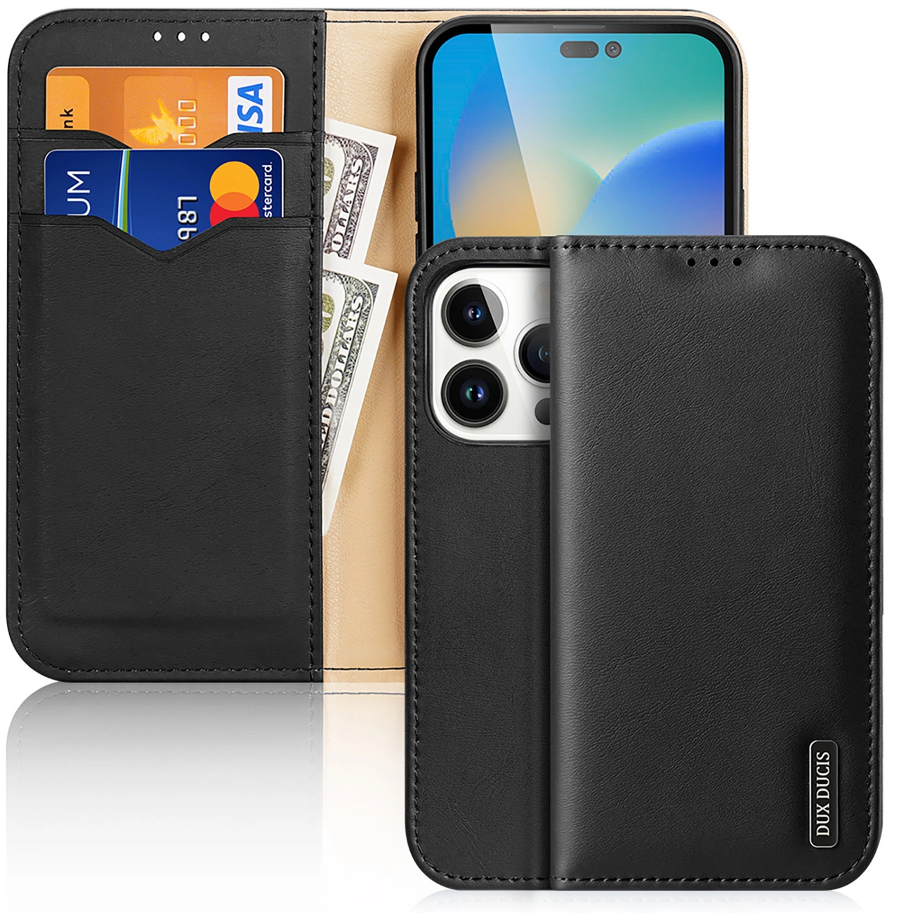 Dux Ducis Hivo Leather Flip Cover Genuine Leather Wallet for Cards and Documents iPhone 14 Pro Black