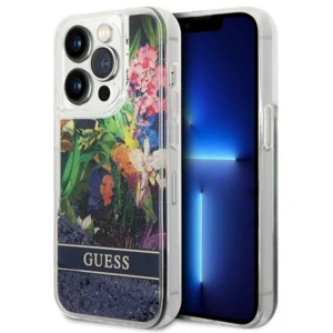 Guess Flower Liquid Glitter case for iPhone 14 Pro Max - blue