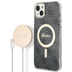 Set Guess GUBPP14SH4EACSK Case+ Charger iPhone 14 6.1" black/black hard case 4G Print MagSafe