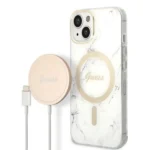 Set Guess GUBPP14SHMEACSH Case+ Charger iPhone 14 6.1" white/white hard case Marble MagSafe