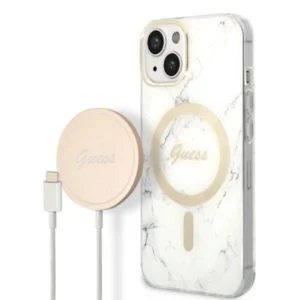 Set Guess GUBPP14SHMEACSH Case+ Charger iPhone 14 6.1" white/white hard case Marble MagSafe