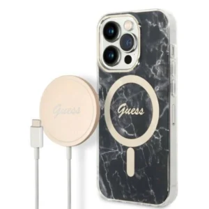 Set Guess GUBPP14XHMEACSK Case+ Charger iPhone 14 Pro Max 6.7" black/black hard case Marble MagSafe