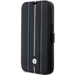 Case BMW BMBKP14X22RVSK iPhone 14 Pro Max 6.7" black/black bookcase Leather Stamp Blue Lines