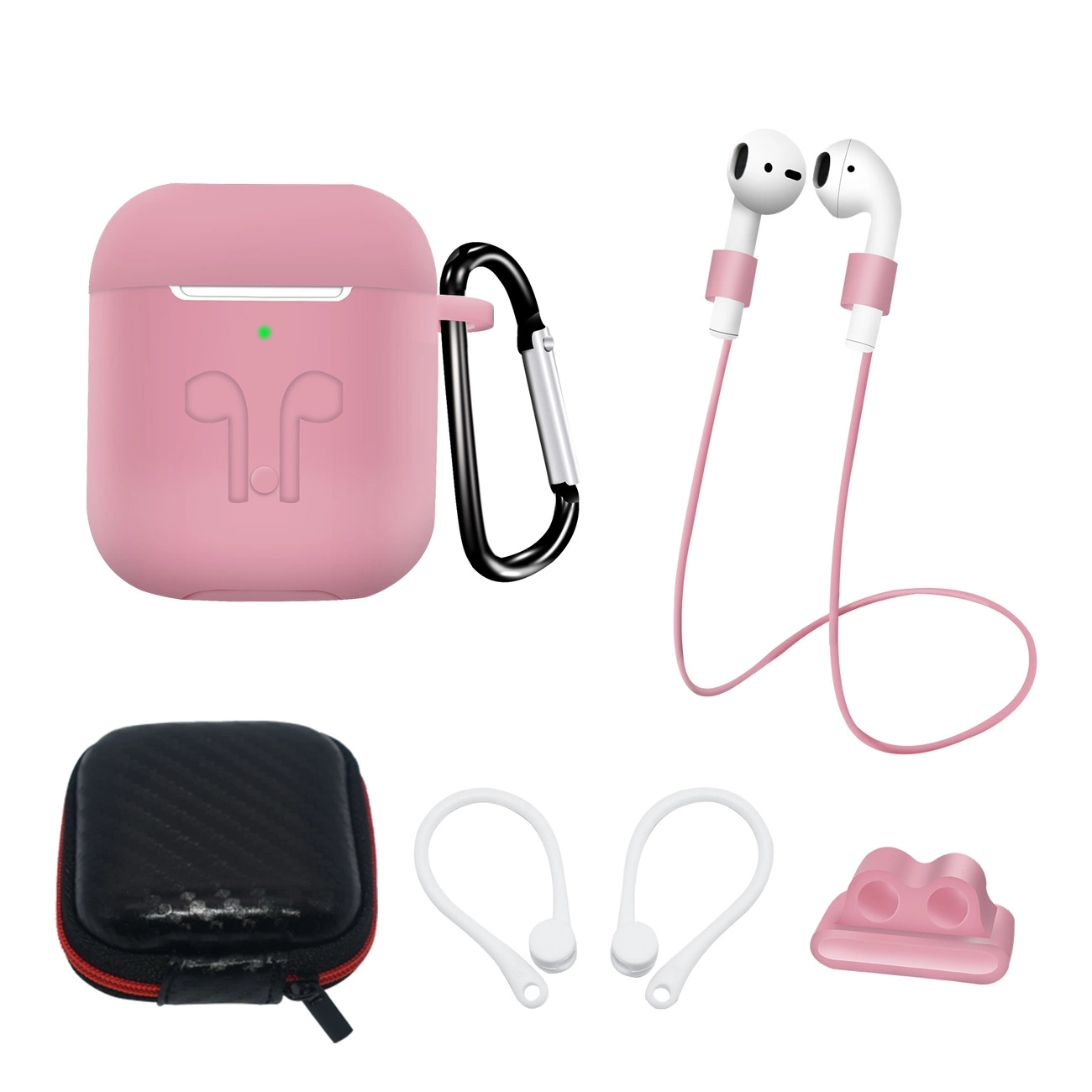 Set of AirPods 2 / AirPods 1 silicone case + case / ear hook / neck strap / watch strap holder / carabiner - pink