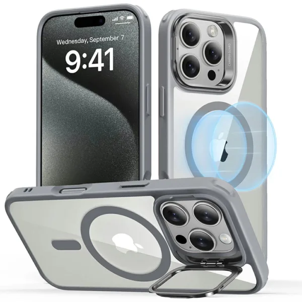 ESR - Classic Hybrid HaloLock Kickstand - iPhone 16 Pro Max - Grey Clear