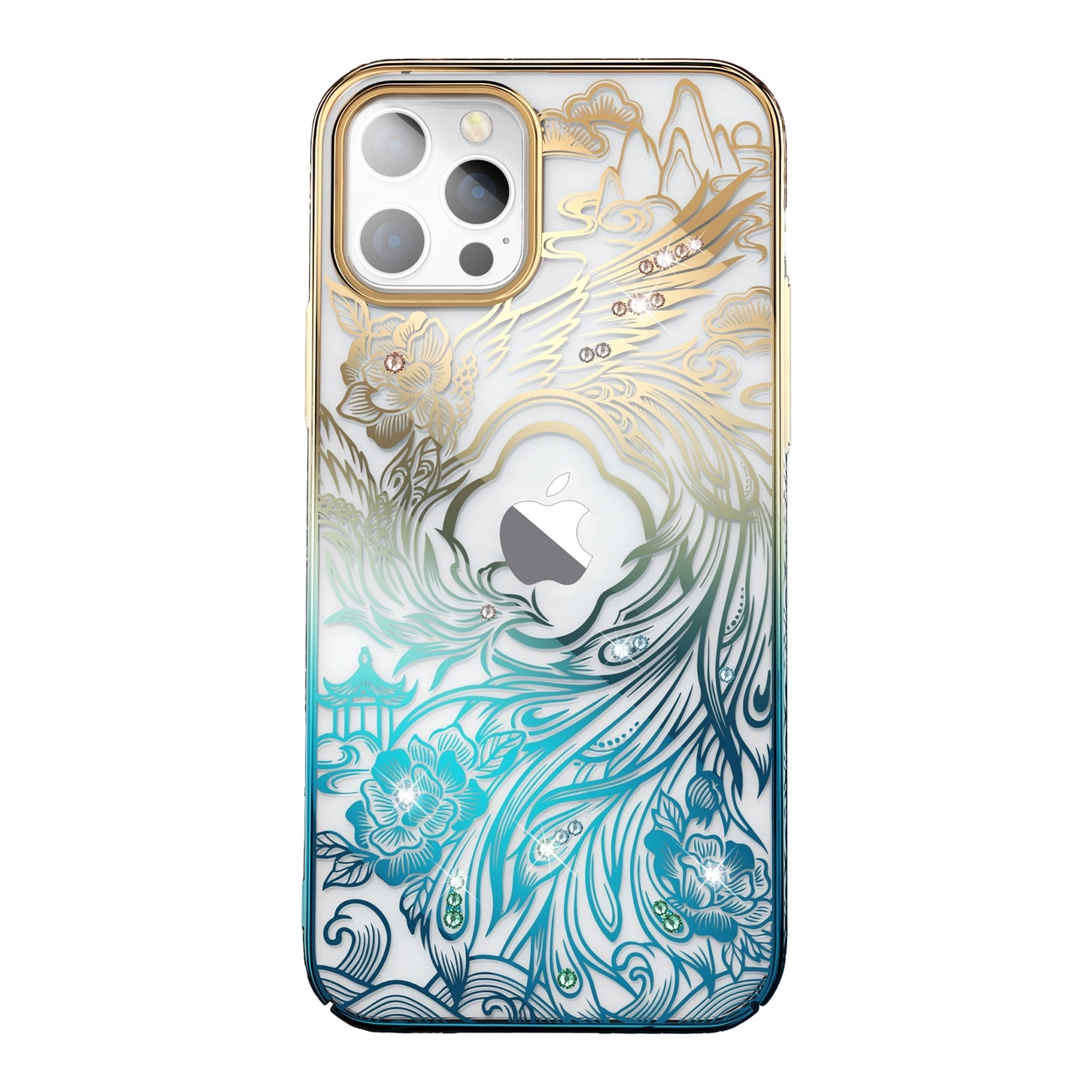 Luxury iPhone 14 Pro Case with Kingxbar Phoenix Crystals - Gold and Blue