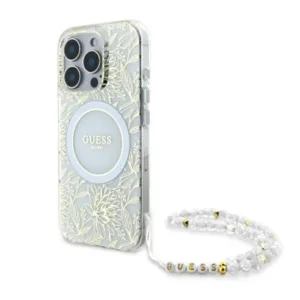 Guess - IML Flowers Allover Electro With Pearl Strap MagSafe (GUHMP16LHCPOFPH) - iPhone 16 Pro - White