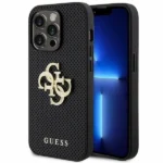 Guess Leather Perforated 4G Glitter Logo Case for iPhone 15 Pro - Black