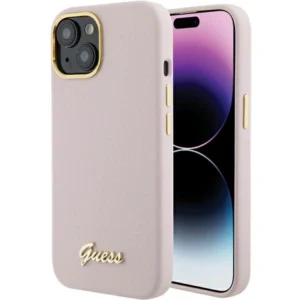 Guess Silicone Script Metal Logo & Frame case for iPhone 15 - pink