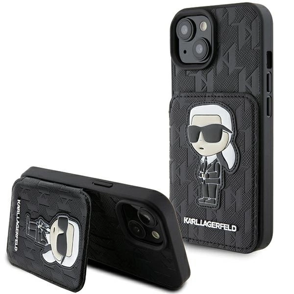 Karl Lagerfeld Saffiano Cardslots and Stand Monogram Ikonik Patch case for iPhone 15 - black