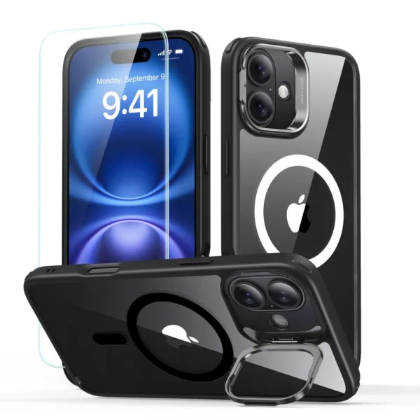 ESR - Classic Hybrid HaloLock Kickstand + Tempered Glass - iPhone 16 - Clear Black