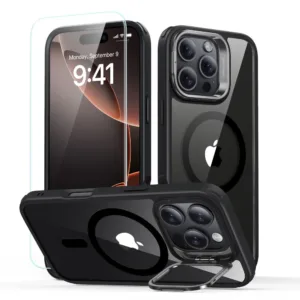 ESR - Classic Hybrid HaloLock Kickstand + Tempered Glass - iPhone 16 Pro - Clear Black