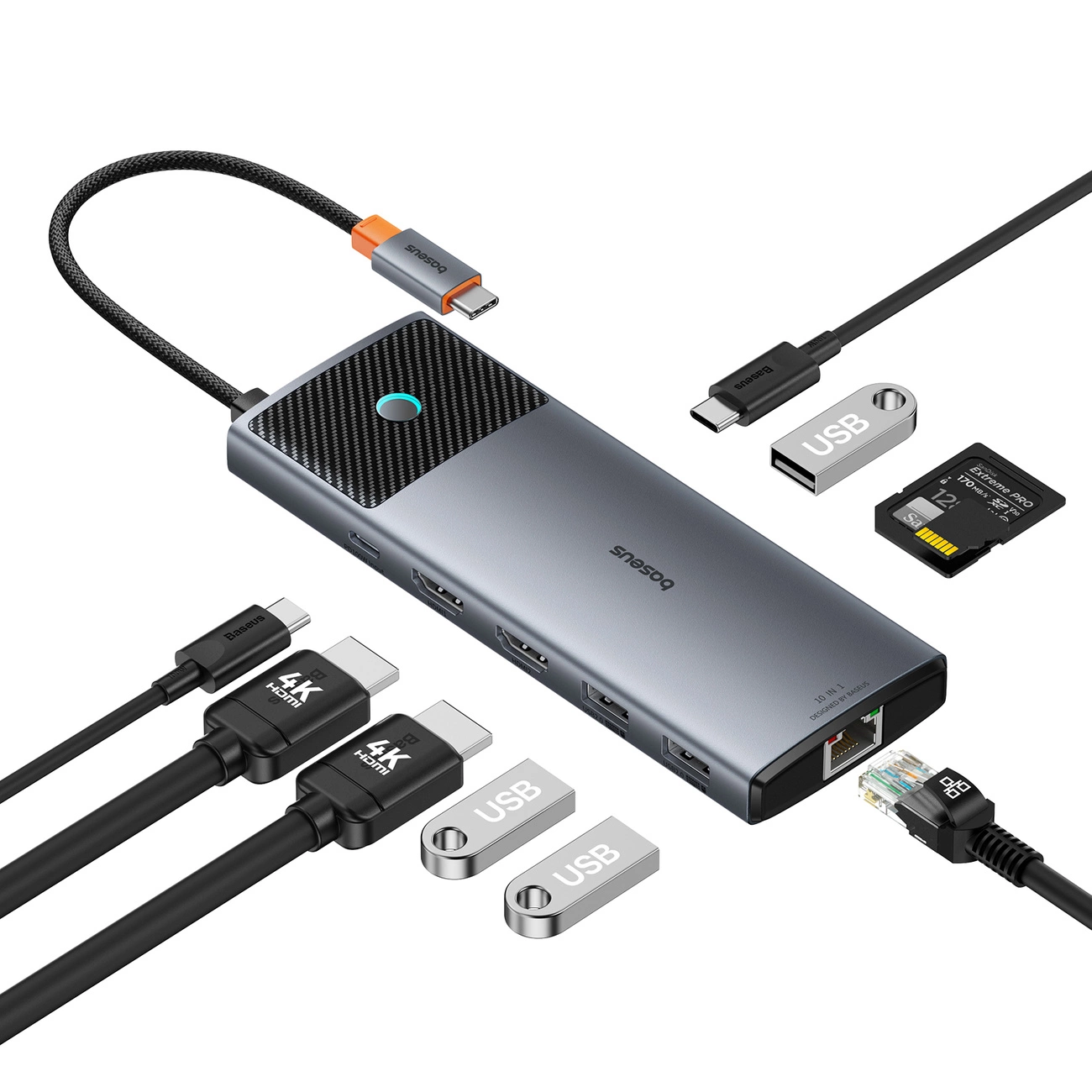 HUB 10in1 Baseus Metal Gleam II USB-C - HDMI 4K 120Hz / HDMI 4K 60Hz / USB-A 3.2 / 2x USB-A / USB-C 3.2 / RJ45 / SD