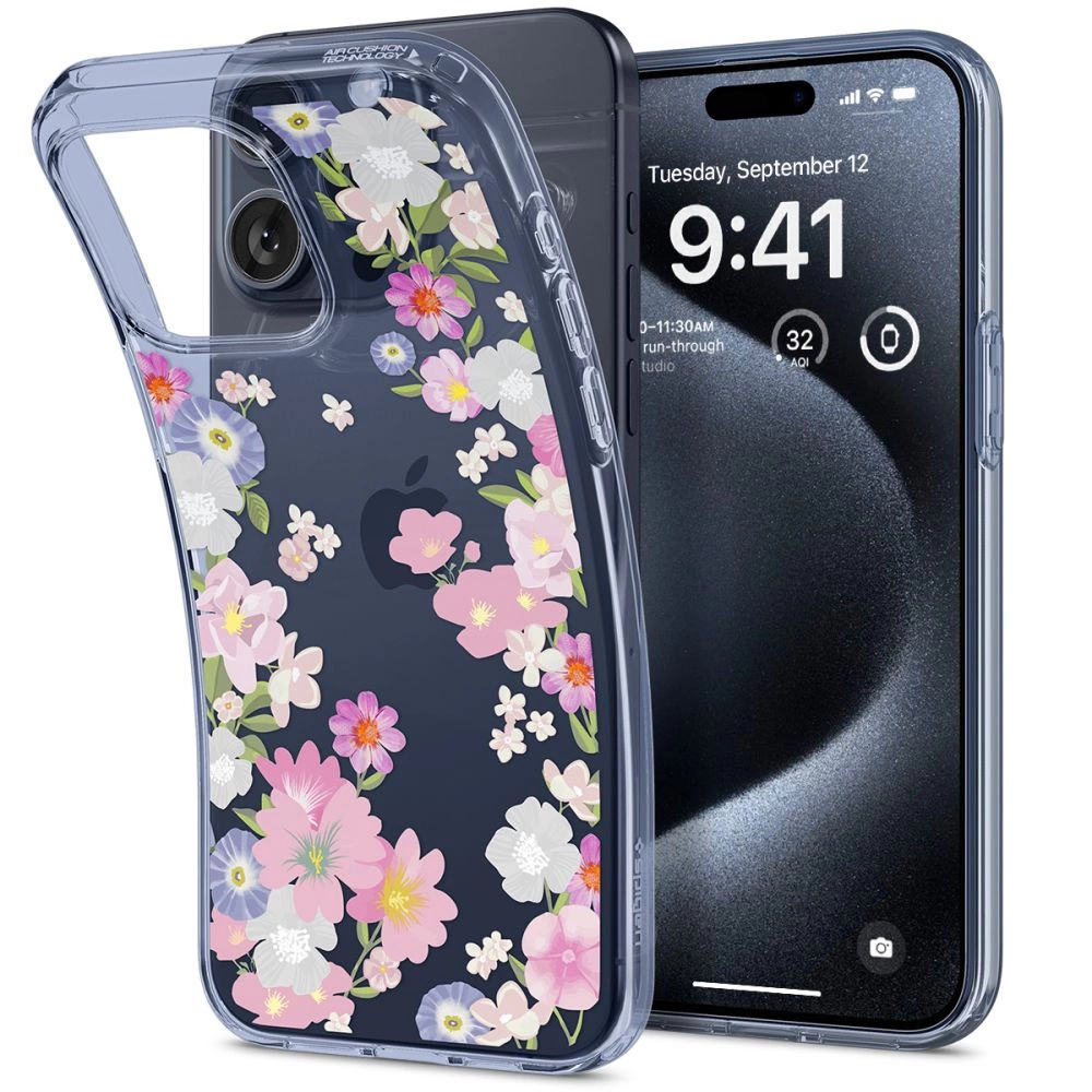 Spigen Liquid Crystal iPhone 15 Pro Case - Pink and Blue Flowers