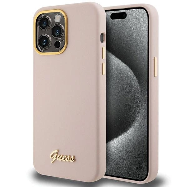 Guess Silicone Script Metal Logo & Frame case for iPhone 15 Pro - pink