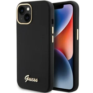 Guess Silicone Script Metal Logo & Frame case for iPhone 15 - black