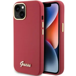 Guess Silicone Script Metal Logo & Frame case for iPhone 15 - red