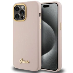 Guess Silicone Script Metal Logo & Frame case for iPhone 15 Pro Max - pink