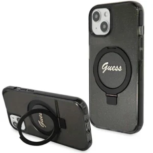 Guess Ring Stand Script Glitter MagSafe Case for iPhone 15 Plus / 14 Plus - Black