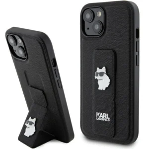 Karl Lagerfeld Gripstand Saffiano Choupette Pins case for iPhone 15 - black