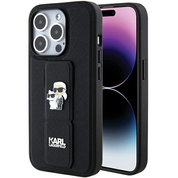 Karl Lagerfeld Gripstand Saffiano Karl&Choupette Pins case for iPhone 15 Pro Max - black