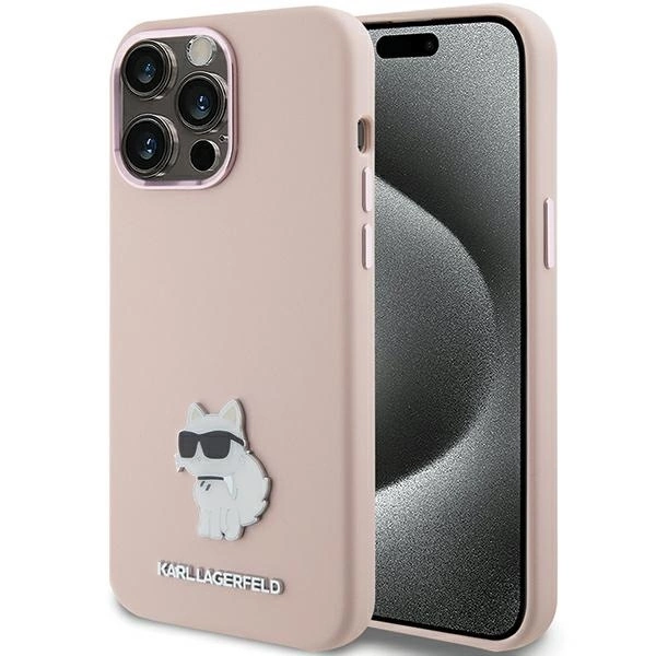 Karl Lagerfeld Silicone Choupette Metal Pin case for iPhone 15 Pro Max - pink