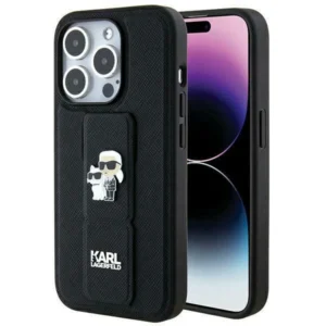 Karl Lagerfeld Gripstand Saffiano Karl&Choupette Pins case for iPhone 14 Pro - black