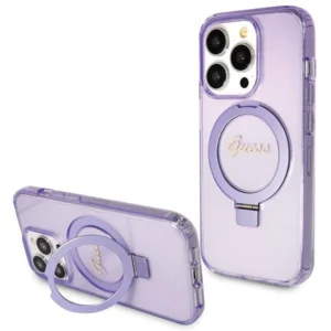 Guess Ring Stand Script Glitter MagSafe case for iPhone 14 Pro - purple