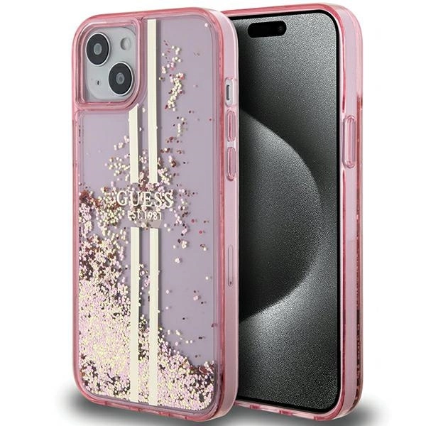 Guess Liquid Glitter Gold Stripes case for iPhone 15 Plus / 14 Plus - pink