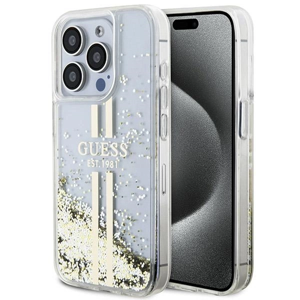 Guess Liquid Glitter Gold Stripes case for iPhone 15 Pro Max - transparent