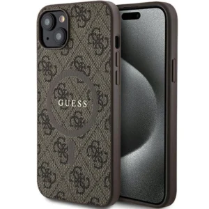 Guess 4G Collection Leather Metal Logo MagSafe Case for iPhone 15/14/13 - Brown