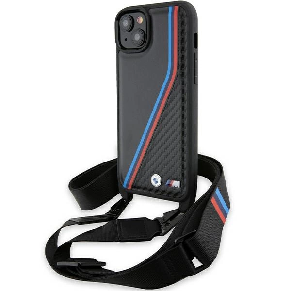 BMW M Edition Carbon Tricolor Lines & Strap case for iPhone 15 Plus / 14 Plus - black