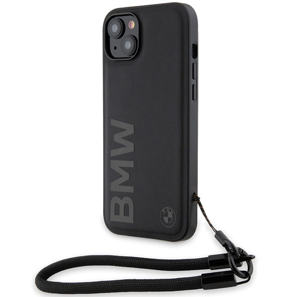 BMW Signature Leather Wordmark Cord Case for iPhone 15/14/13 - Black