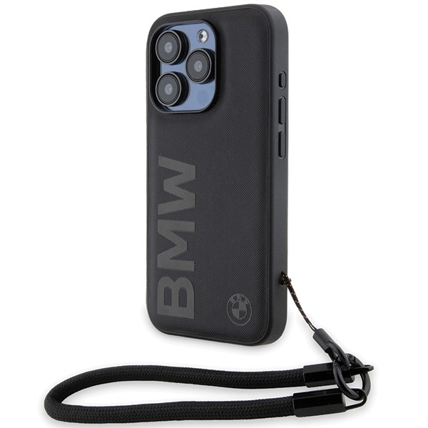 BMW Signature Leather Wordmark Cord case for iPhone 15 Pro Max - black