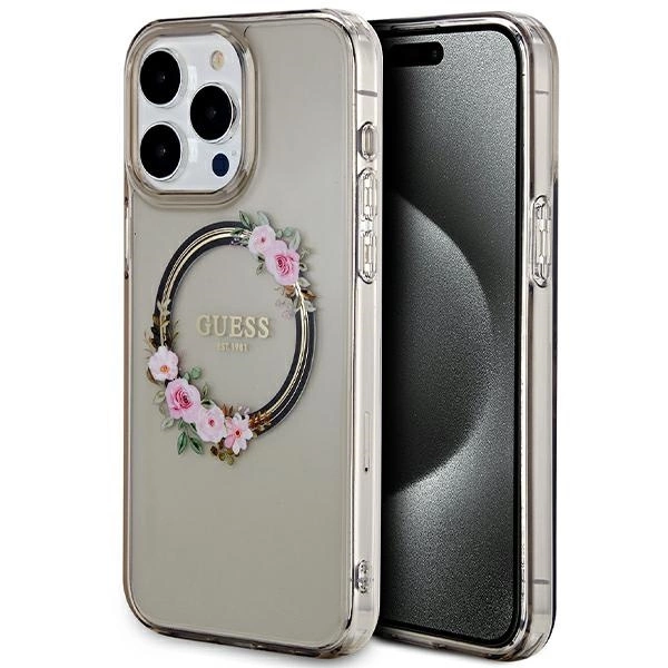 Guess IML Flowers Wreath MagSafe case for iPhone 15 Pro Max - black