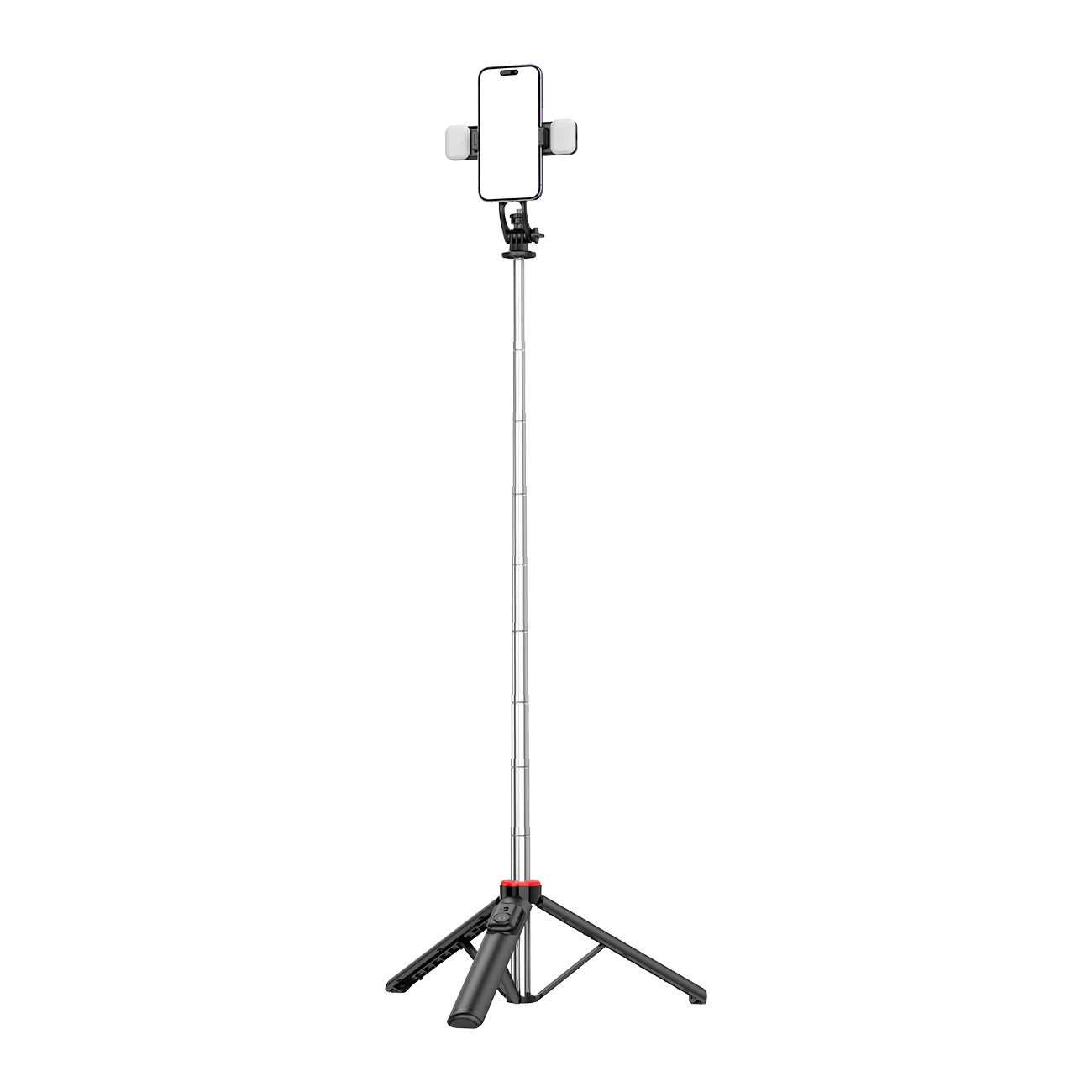 Selfie stick WC13YDS telescopic tripod 1.3m with double lamp and phone holder - black