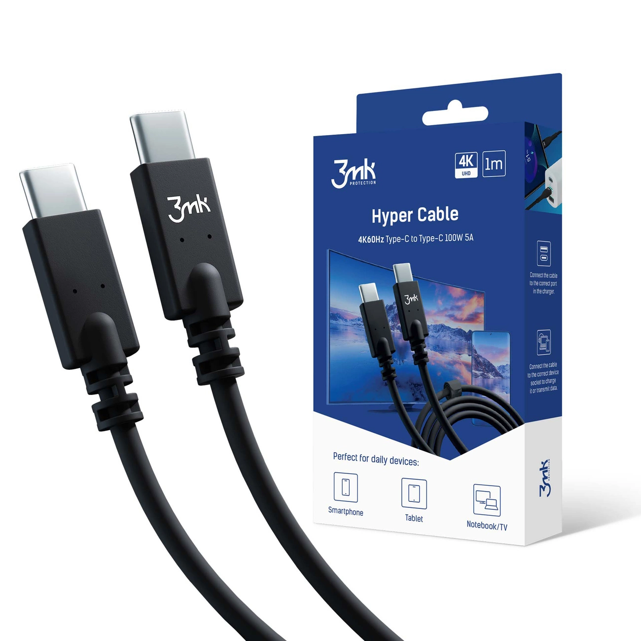 3mk Hyper Cable USB-C / USB-C 100W 4K 60Hz 1m - Black