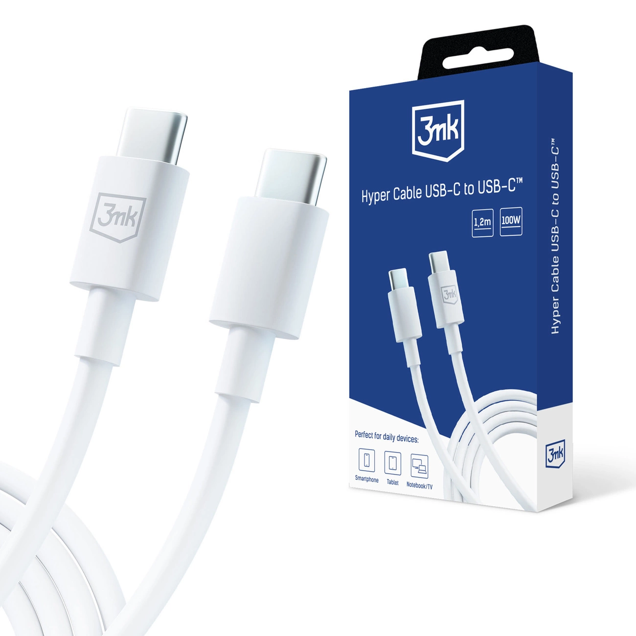 3mk Hyper Cable USB-C / USB-C 100W 1.2m - white