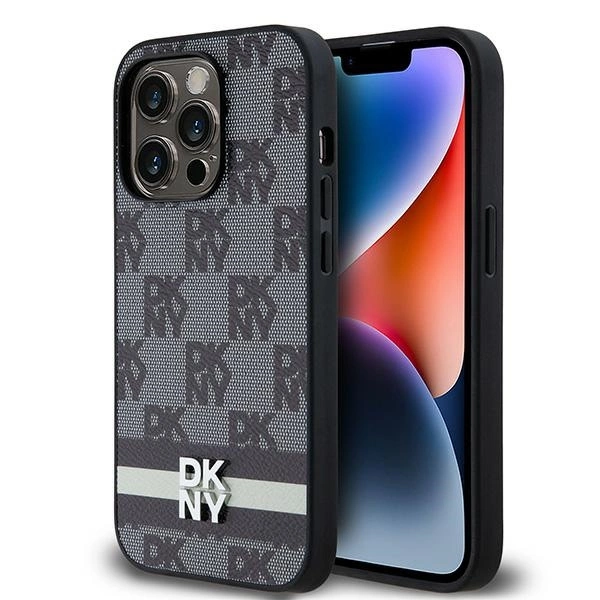 DKNY Leather Checkered Mono Pattern & Printed Stripes iPhone 14 Pro Case - Black