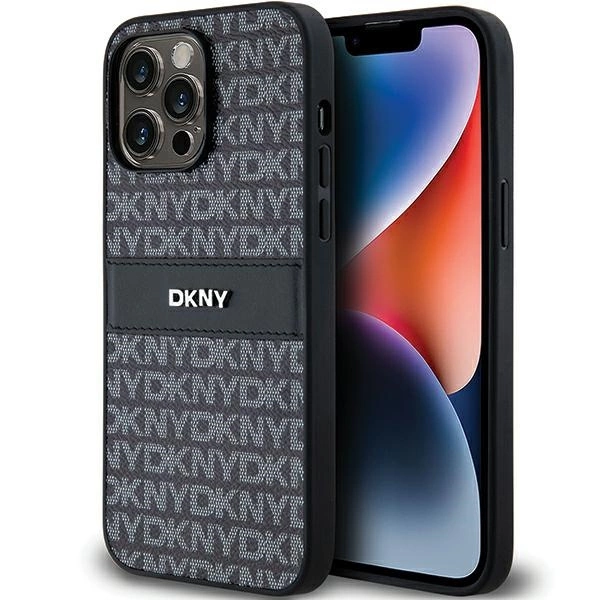 DKNY Leather Mono Stripe & Metal Logo case for iPhone 14 Pro - black