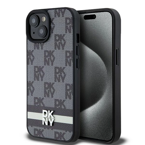 DKNY Leather Checkered Mono Pattern & Printed Stripes Case for iPhone 15/14/13 - Black