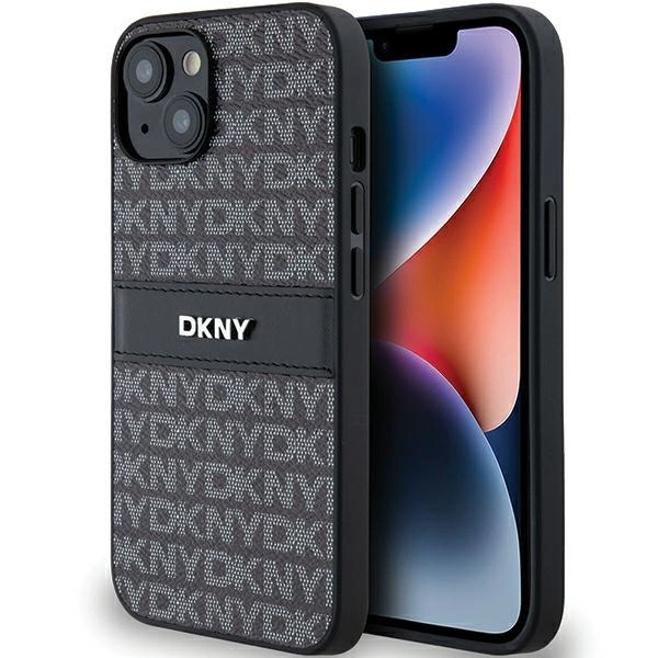 DKNY Leather Mono Stripe & Metal Logo Case for iPhone 15/14/13 - Black