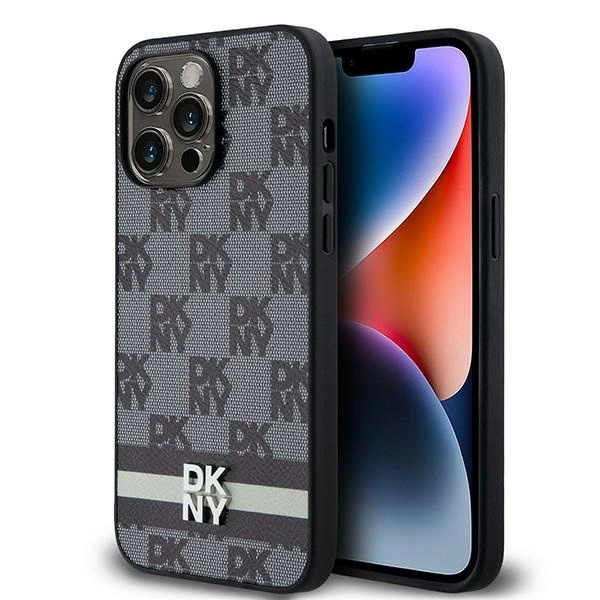 DKNY Leather Checkered Mono Pattern & Printed Stripes Case for iPhone 14 Pro Max - Black