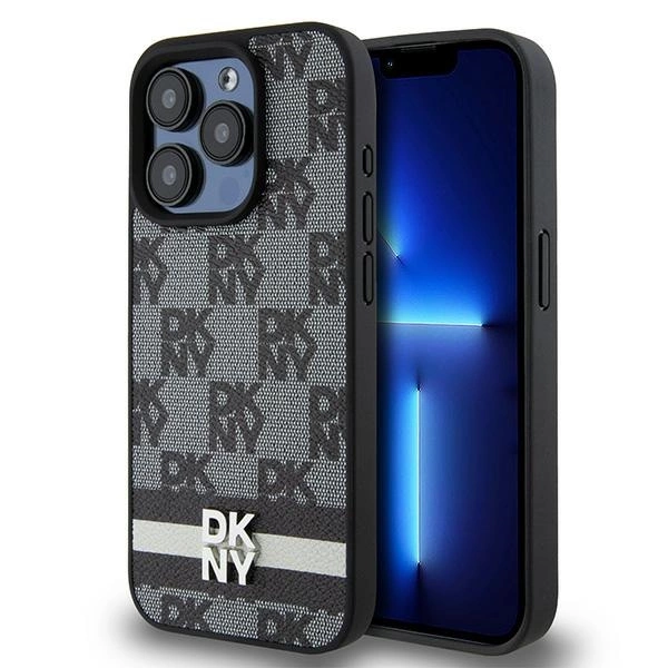 DKNY Leather Checkered Mono Pattern & Printed Stripes iPhone 15 Pro Case - Black