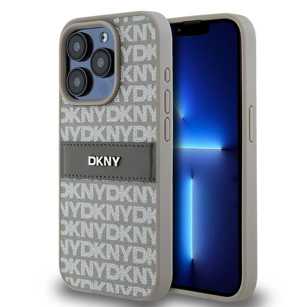 DKNY Leather Mono Stripe & Metal Logo case for iPhone 15 Pro - beige