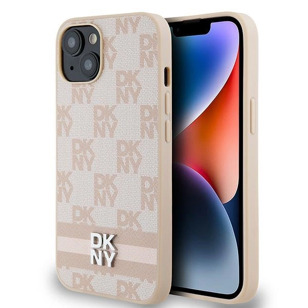 DKNY Leather Checkered Mono Pattern & Printed Stripes Case for iPhone 15 Plus / 14 Plus - Pink